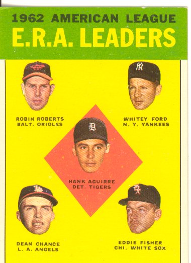 1963 Topps #6 AL ERA Leaders/Hank Aguirre/Robin Roberts/Whitey Ford/Eddie Fisher/Dean Chance