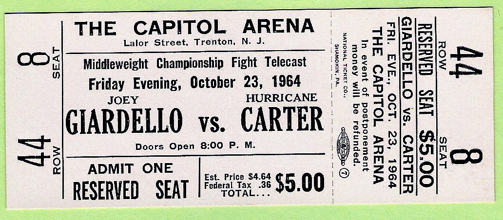HURRICANE CARTER vs. JOEY GIARDELLO boxing championship ticket - UNUSED