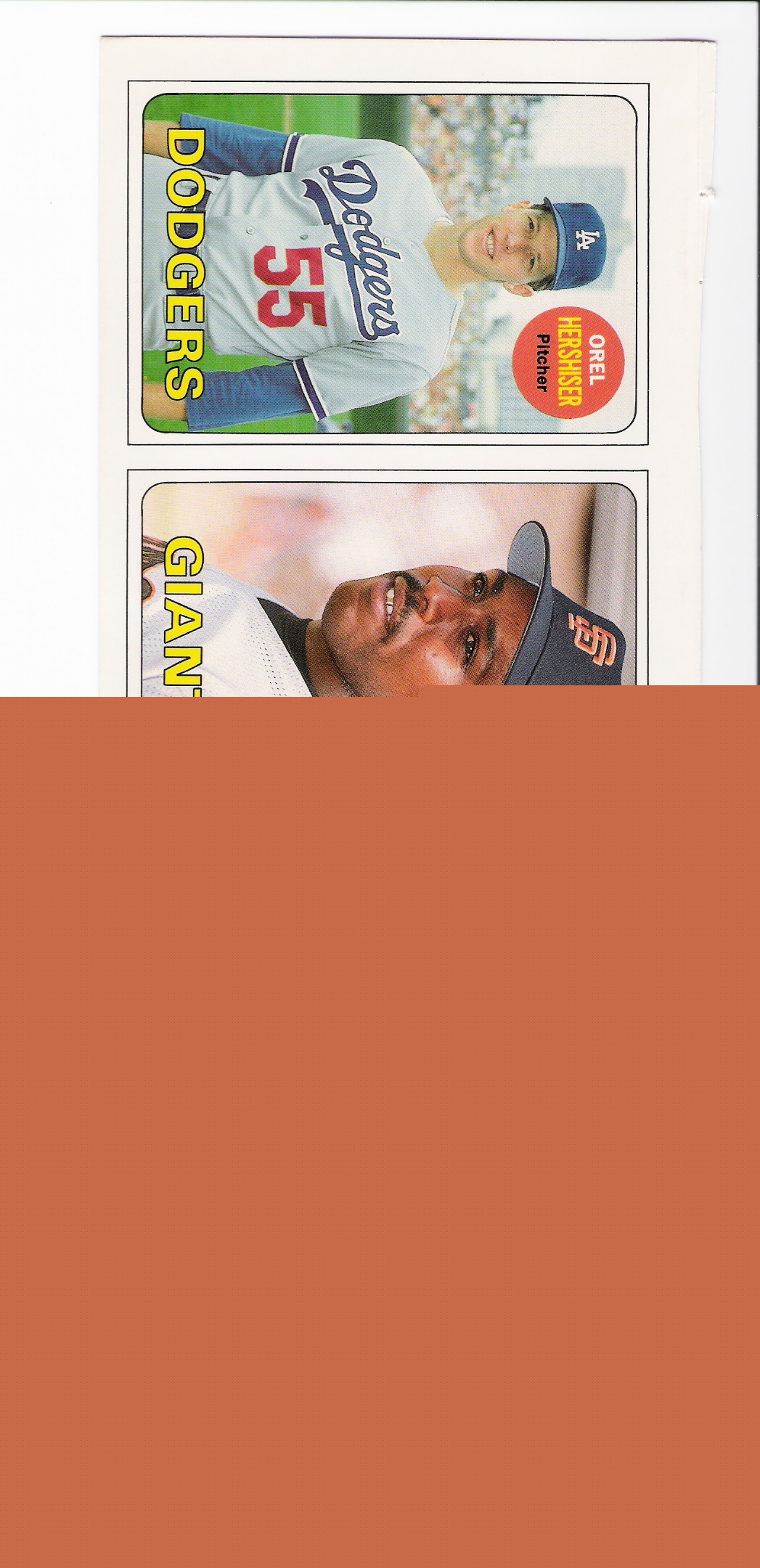 1990 Baseball Cards Magazine 1 Craig Biggio 2 Kevin Mitchell 3 Orel Hershiser Three Card Uncut Strip looks like 1969 Topps