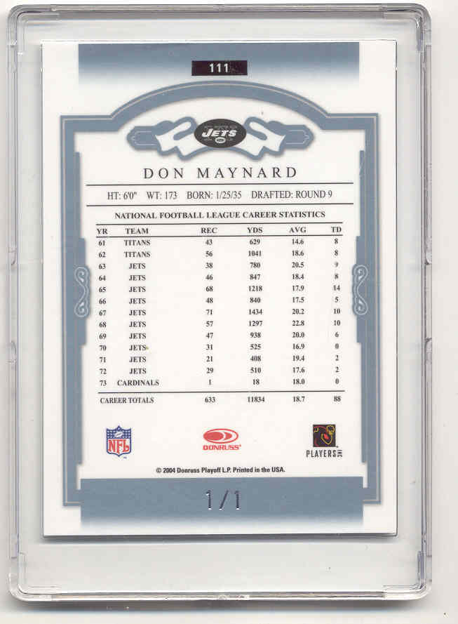 2004 Donruss Classics Timeless Tributes Platinum #111 Don Maynard front image