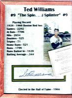 TED WILLIAMS Autographed stats page and photo, framed - Score Board Inc.