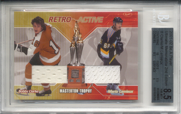 2001-02 BAP Ultimate Memorabilia Retro Trophies #5 Bobby Clarke/Mario Lemieux/Masterton Trophy