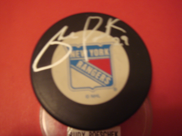 Rudy Poeschek Autographed New York Rangers Puck With COA