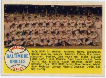 1958 Topps #408A Baltimore Orioles TC Alphabetical