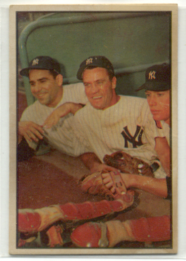 1953 Bowman Color #44 Yogi Berra/Hank Bauer/Mickey Mantle