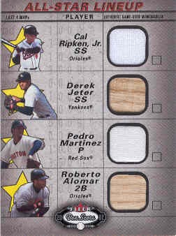 2002 Fleer Box Score All-Star Lineup Game Used #6 Cal Ripken Jsy/Derek Jeter Bat/Pedro Martinez Jsy/Roberto Alomar Bat