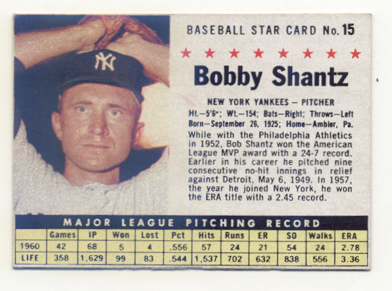 1961 Post #15 Bobby Shantz BOX only