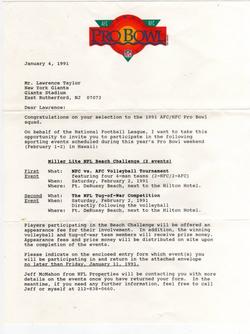 Lawrence Taylor 1991 Official Pro Bowl Invitation 1/1 100% Authentic 1 of 1 