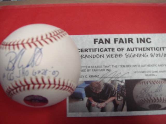 Brandon Webb Autographed Baseball With !st Complete Game Shutout 6/28/03 