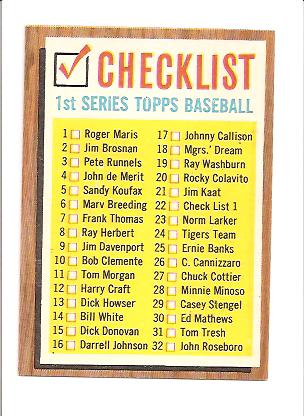 1962 Topps #22B Checklist 1 COR (33-88 on Back)