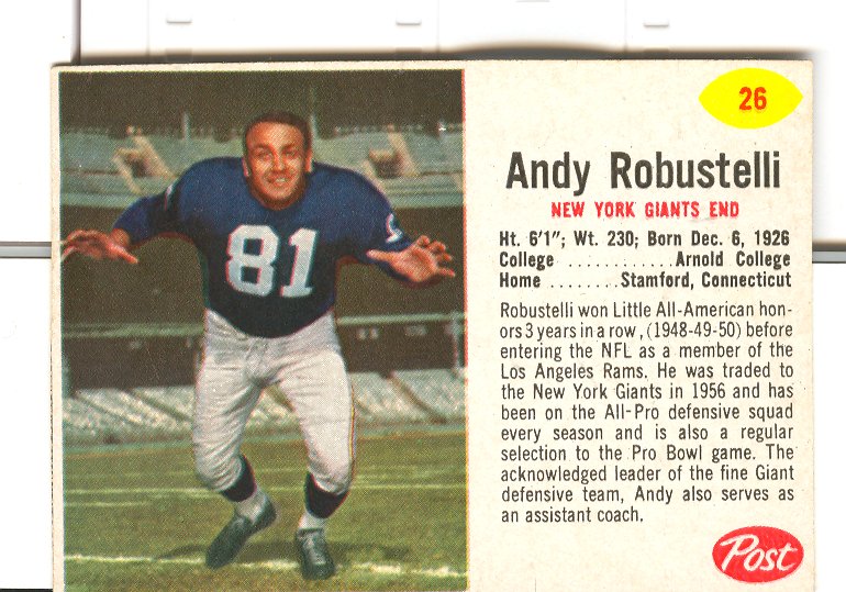 1962 Post Cereal #26 Andy Robustelli