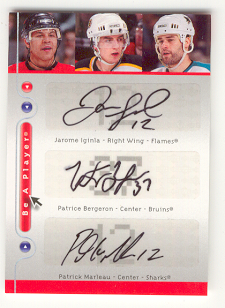 2005-06 Be A Player Triple Signatures #IBM Jarome Iginla/Patrice Bergeron/Patrick Marleau SP