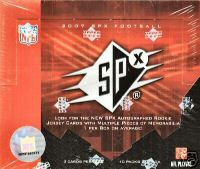 2007 Upper Deck SPX Football Factory Sealed Hobby Box -  Autograph Or Memorabilia Card In Each Pack - 1 Multi Swatch Rookie Auto # Jersey Card ( Poss. Adrian Peterson Brady Quinn ) Per Box - In Stock  front image