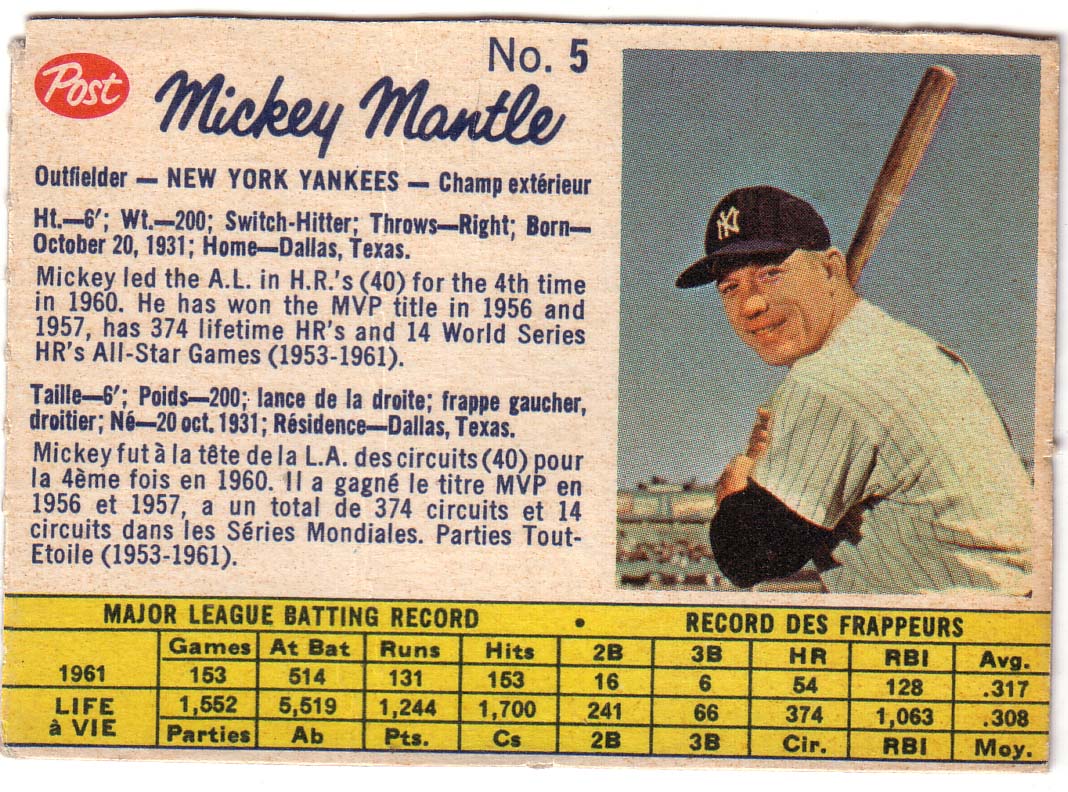 1962 Post Canadian #5 Mickey Mantle