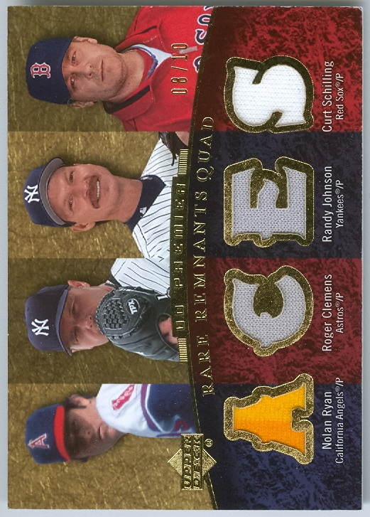 2007 Upper Deck Premier Rare Remnants Quad Gold #4 Nolan Ryan/Roger Clemens/Randy Johnson/Curt Schilling