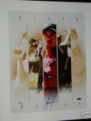Tiger Woods Autographed 16x20 Framed Picture Collage (Produced and Certified by Upper Deck Authenticated)(Limited to 100 Serial #ed Copies) (Beautiful Autograph in Blue Sharpie)