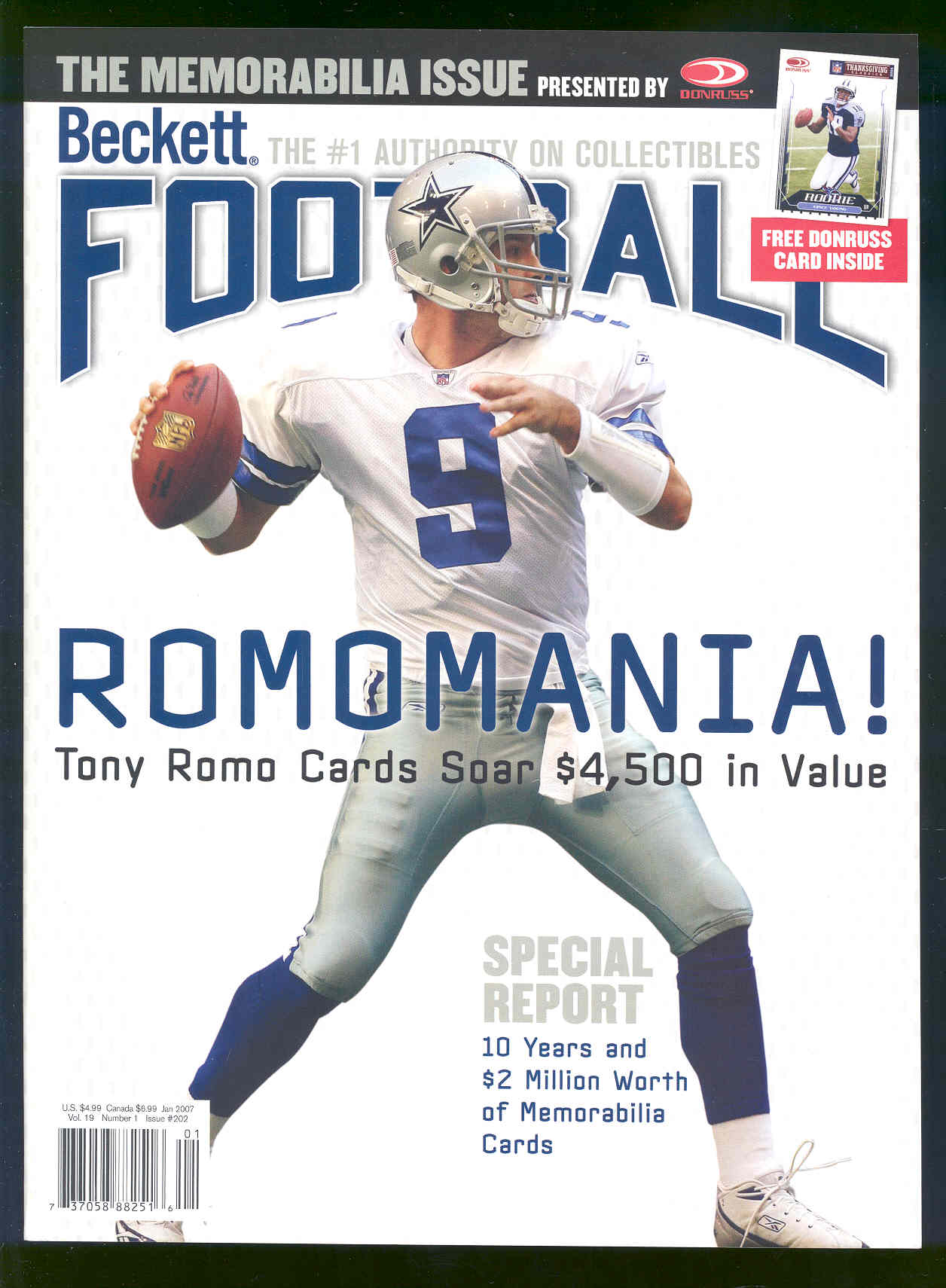 January 2007 RARE Back Issue Beckett Football Tony Romo Cowboys Rookie Issue #202 Including a special issue Donruss Thanksgiving Classics Reggie Bush Saints #1 Rookie Card Inside 