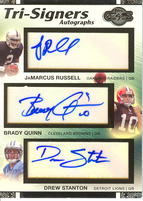 2007 Topps Co-Signers Tri-Signer Autographs #RQS JaMarcus Russell/15/Brady Quinn/Drew Stanton