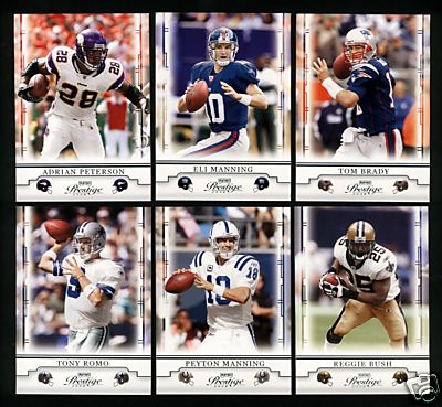 2008 Playoff Prestige Football Complete Base Set (1-100) (Incls stars such as Adrian Peterson, Tomlinson, Romo, Favre, Manning, Brady, Bush, Roethlisberger & more)