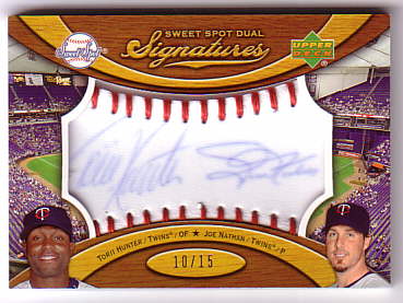 2007 Sweet Spot Dual Signatures Red Stitch Blue Ink #HN Torii Hunter/Joe Nathan/15