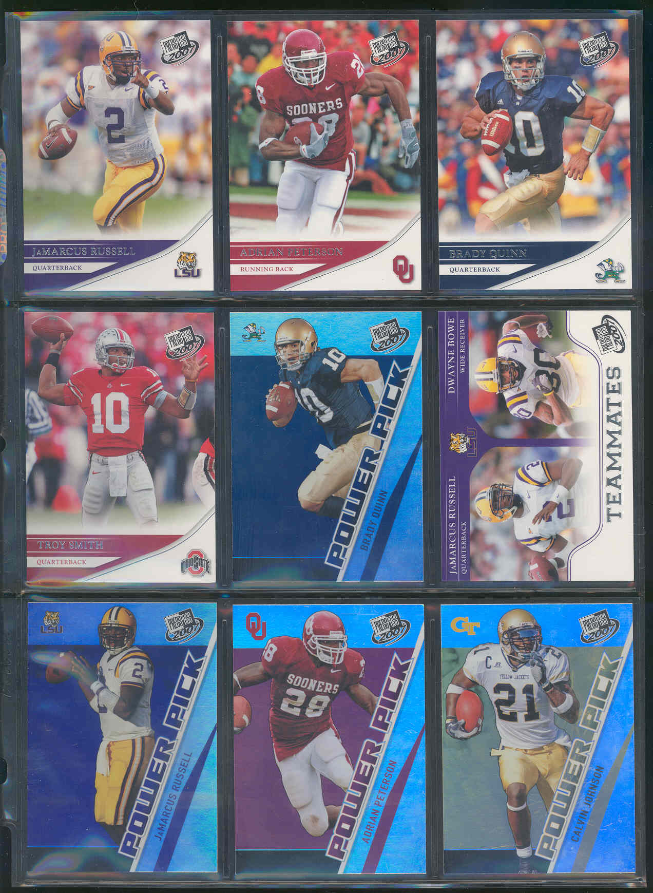 2007 Press Pass Complete Set 1-100 with 101-105 Power Pick SP Rookie Adrian Peterson Brady Quinn JaMarcus Russell Calvin Johnson Ted ginn Jr Low Shipping Cost!! Beckett Value over $100  
