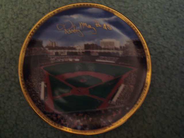 Rudy May Yankee Stadium Autographed 1989 Sports Impressions Mini Plate By Robert Stephen Simon With COA