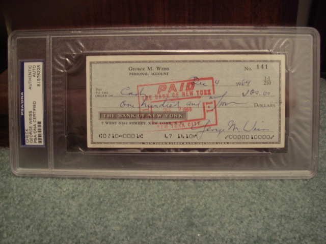 George M. Weiss Check signed twice PSA/DNA Certified Authentic Slabed