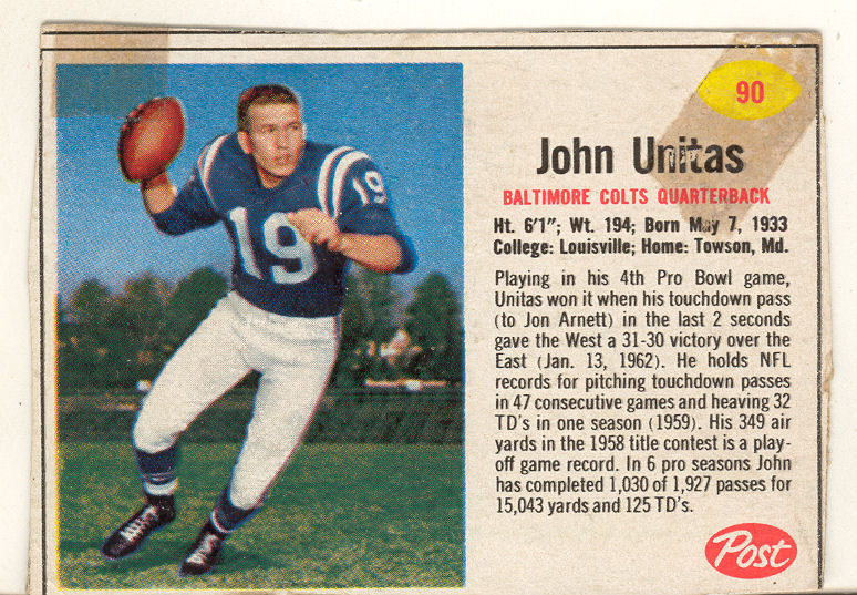 1962 Post Cereal #90 Johnny Unitas