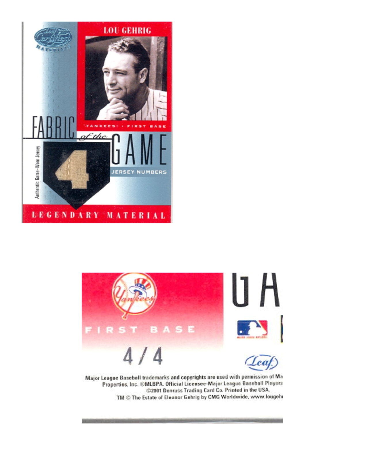 2001 Leaf Certified Materials Fabric of the Game #1JN Lou Gehrig/4