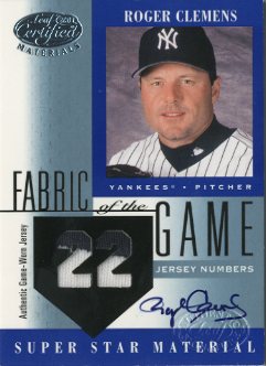 2001 Leaf Certified Materials Fabric of the Game #49JN Roger Clemens AU/22
