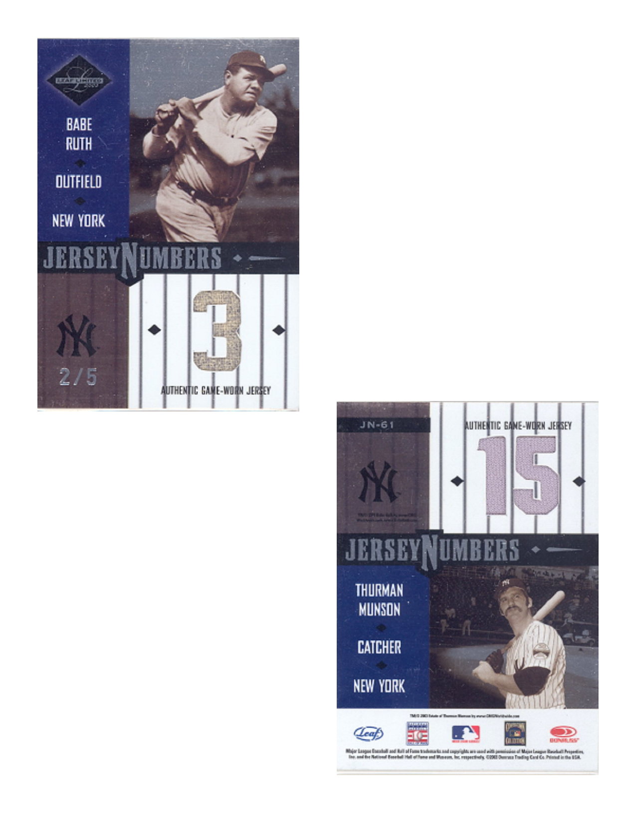 2003 Leaf Limited Jersey Numbers #61 Babe Ruth/Thurman Munson/5