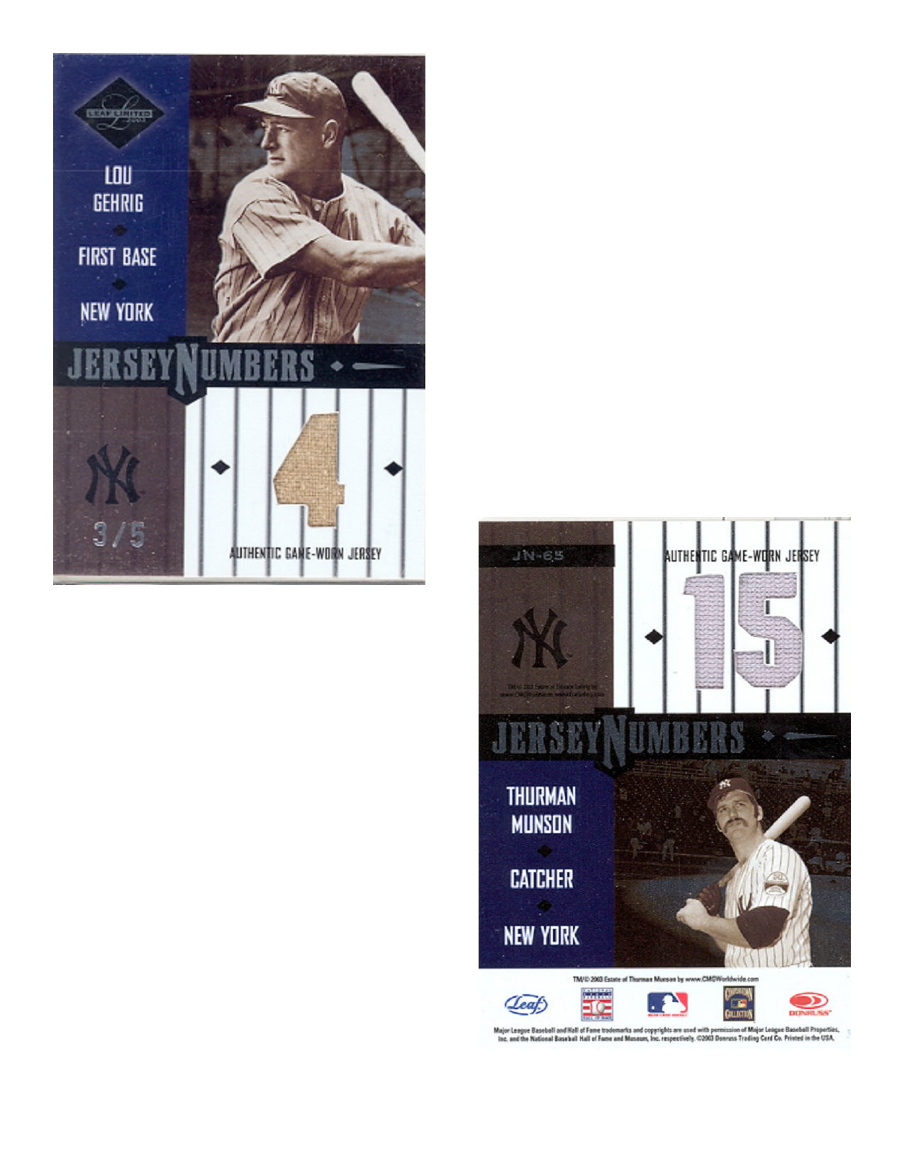 2003 Leaf Limited Jersey Numbers #65 Lou Gehrig/Thurman Munson/5