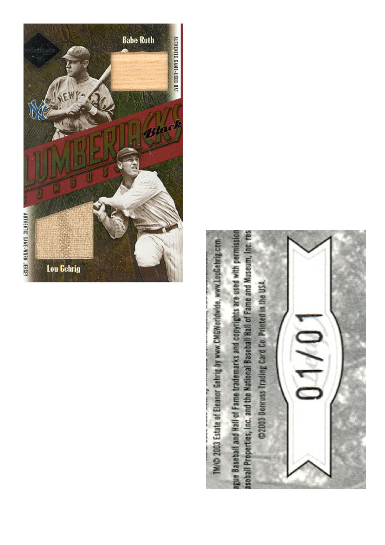 2003 Leaf Limited Lumberjacks Bat-Jersey Black #45B Babe Ruth Bat/Lou Gehrig Jsy/1