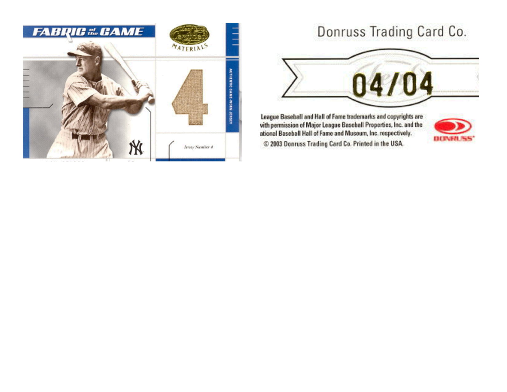 2003 Leaf Certified Materials Fabric of the Game #14JN Lou Gehrig JN/4