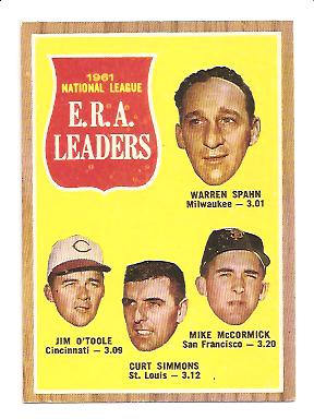 1962 Topps #56 NL ERA Leaders/Warren Spahn/Jim O'Toole/Curt Simmons/Mike McCormick