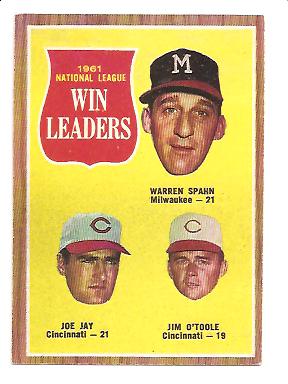 1962 Topps #58 NL Win Leaders/Warren Spahn/Joe Jay/Jim O'Toole