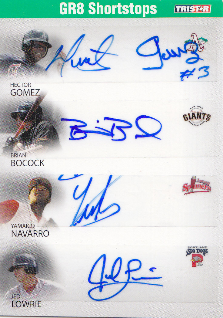2008 TRISTAR PROjections GR8 Expectations Autographs Quad Green #GBNL Hector Gomez/Brian Bocock/Yamaico Navarro/Jed Lowrie