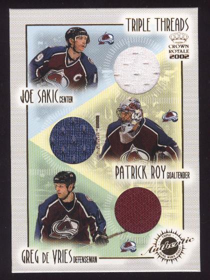 2001-02 Crown Royale Triple Threads #7 Joe Sakic/Patrick Roy/Greg DeVries