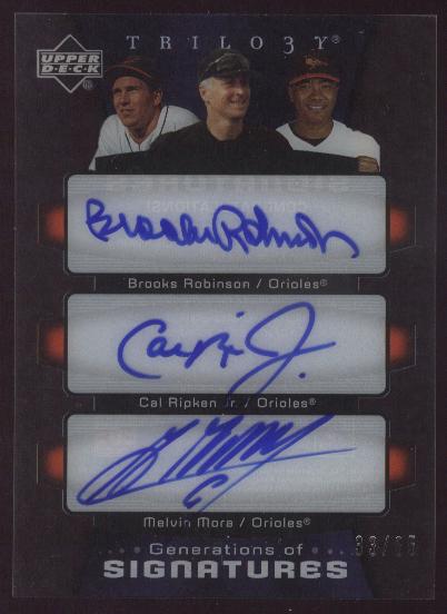 2005 Upper Deck Trilogy Generations of Signatures Triple #RRM Brooks Robinson/Cal Ripken/Melvin Mora