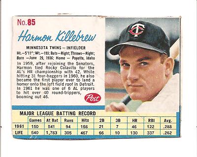 1962 Post #85 Harmon Killebrew