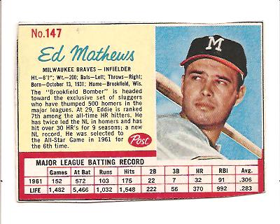 1962 Post #147 Eddie Mathews