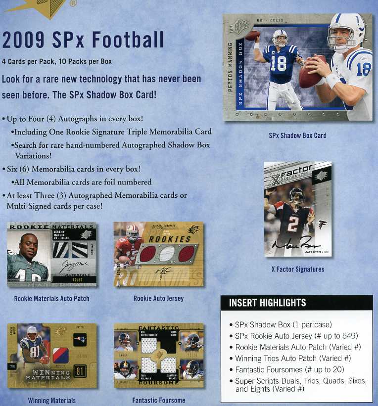 2009 Upper Deck SPX Football Factory Hobby Box - Total Of 10 AUTOGRAPH Or MEMORABILIA Cards Per Box - Possible Mark Sanchez Peyton Manning Adrian Peterson Brett Favre - In Stock  