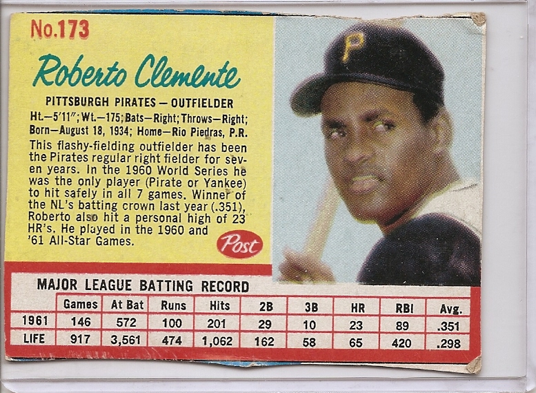 1962 Post #173A Roberto Clemente Red Lines