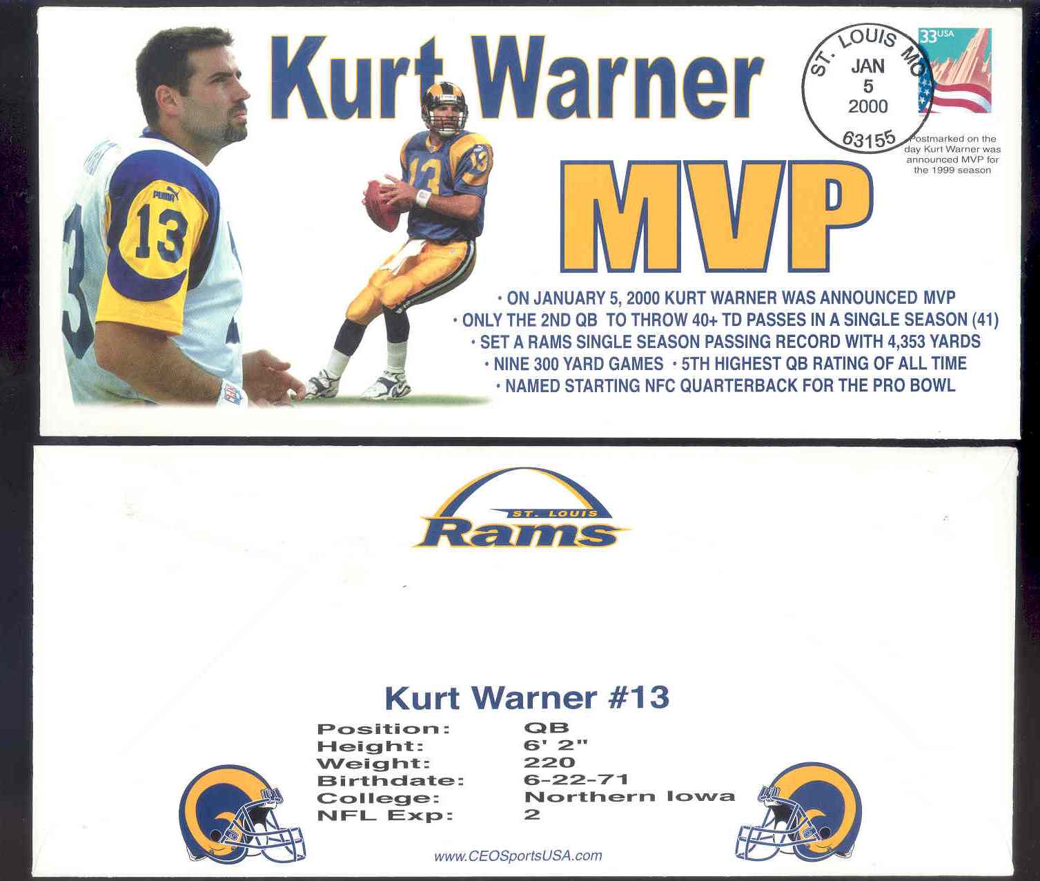 1999-2000 First Day Rookie Cover Kurt Warner Collectible Envelope Postmarked Jan 5 2000 on the Day he was annouced MVP 