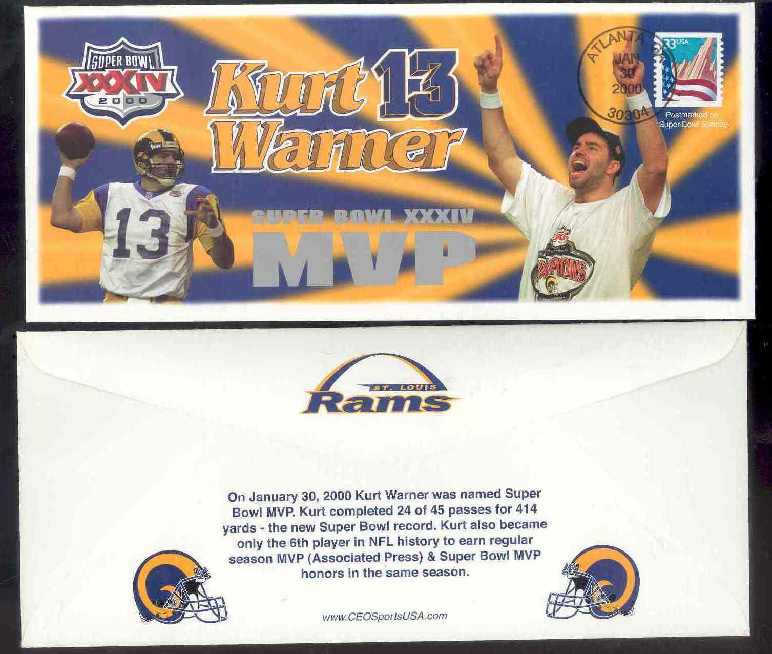 1999-2000 First Day Rookie Cover Kurt Warner Collectible Envelope Postmarked Jan 30 2000 on the Day he was annouced Super Bowl MVP 