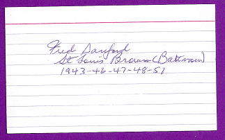 Fred Sanford Auto 3x5 index card Autograph Played 1943-51 St. Louis Browns, New York Yankees, Washington Senators (NC137)