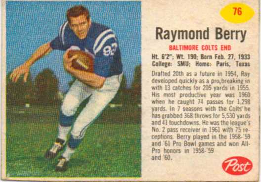 1962 Post Cereal #76 Raymond Berry