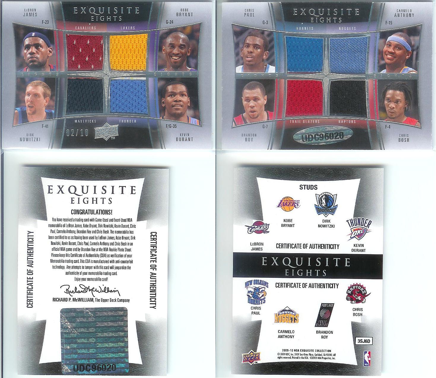2009-10 Exquisite Collection Eights #STUDS Kevin Durant/Chris Paul/Brandon Roy/Dirk Nowitzki/LeBron James/Carmelo Anthony/Chris Bosh/Kobe Bryant