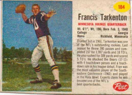 1962 Post Cereal #184 Fran Tarkenton