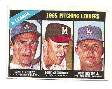 1966 Topps #223 NL Pitching Leaders/Sandy Koufax/Tony Cloninger/Don Drysdale